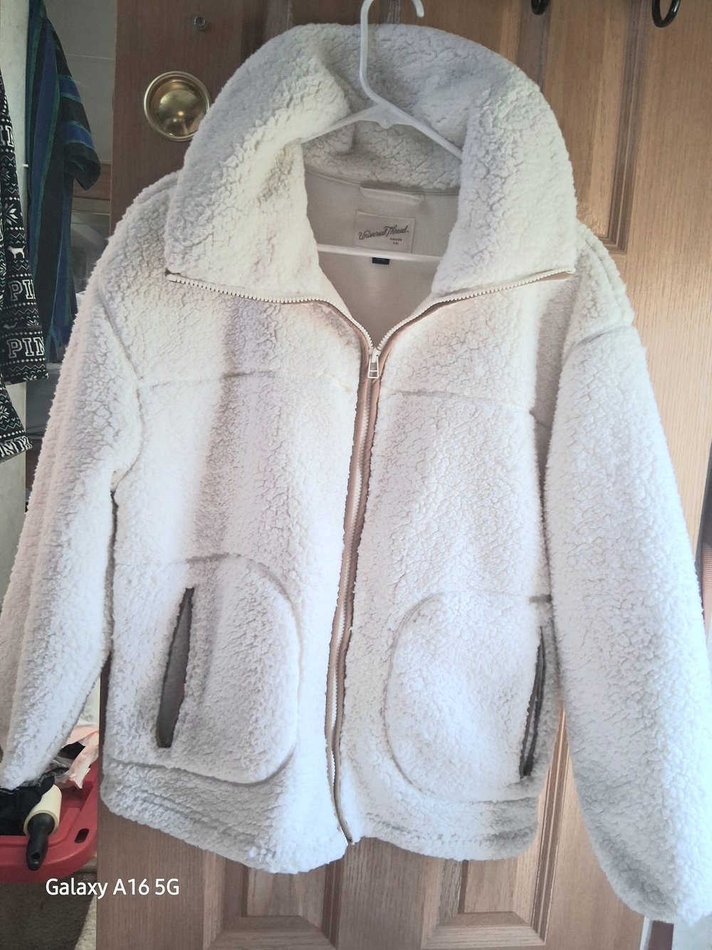 Universal Thread Cream Sherpa Zip Jacket with Tan Trim Accents